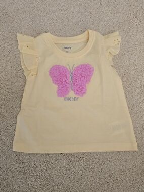 DKNY Soft Yellow Girls Shirt with Pink Butterfly Accent